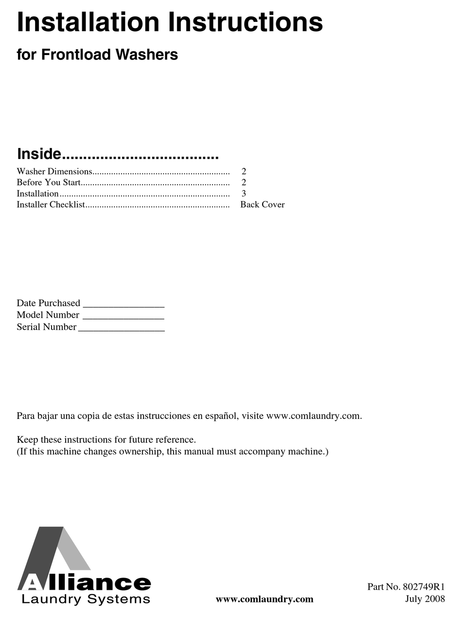 ALLIANCE LAUNDRY SYSTEMS 802749R1 INSTALATION INSTRUCTIONS Pdf Download