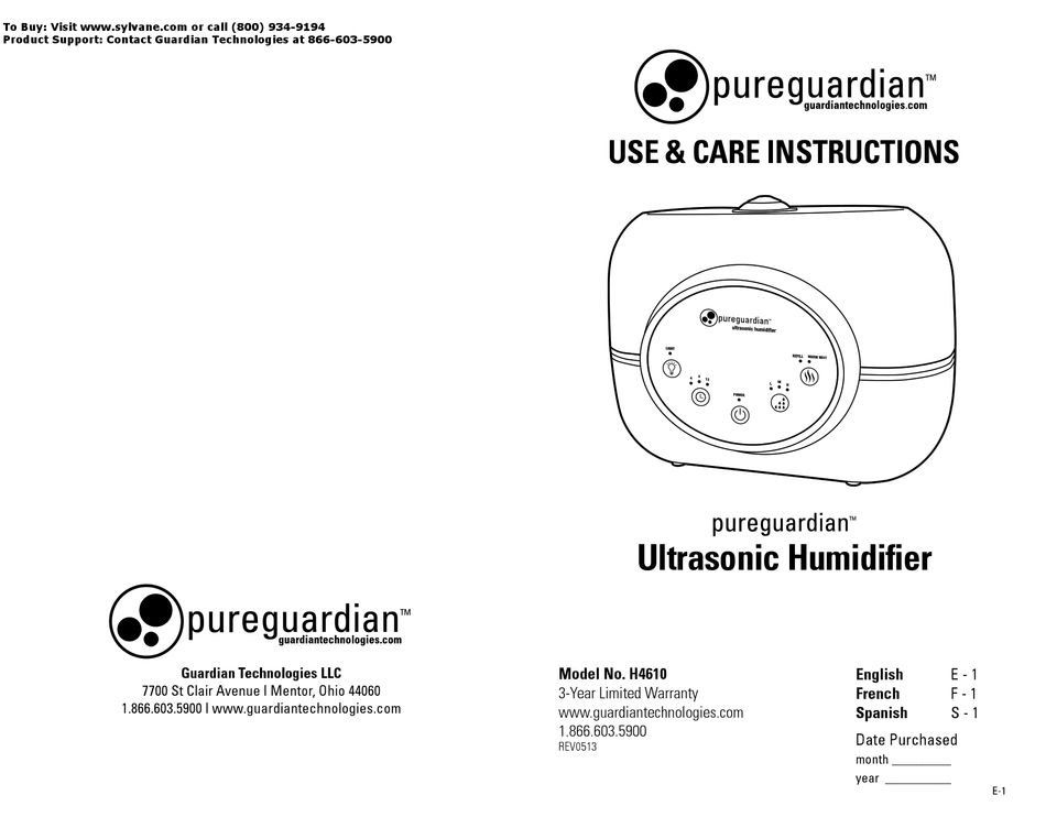 PUREGUARDIAN H4610 USE & CARE INSTRUCTIONS MANUAL Pdf Download | ManualsLib