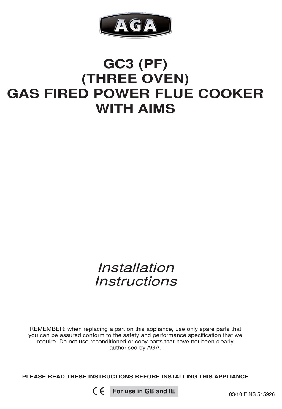 AGA GC3 (PF) INSTALLATION INSTRUCTIONS MANUAL Pdf Download ManualsLib
