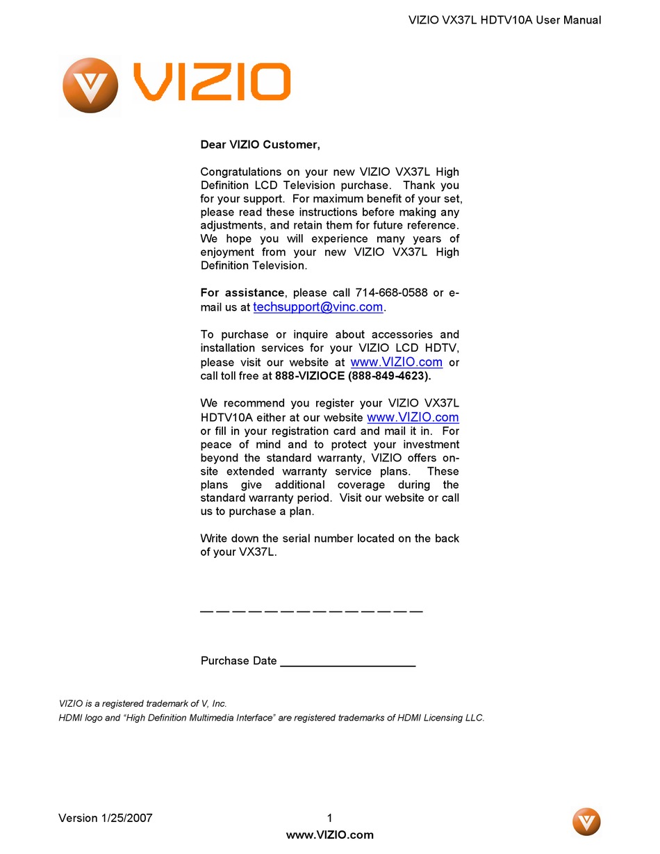 VIZIO VX37L HDTV10A USER MANUAL Pdf Download | ManualsLib