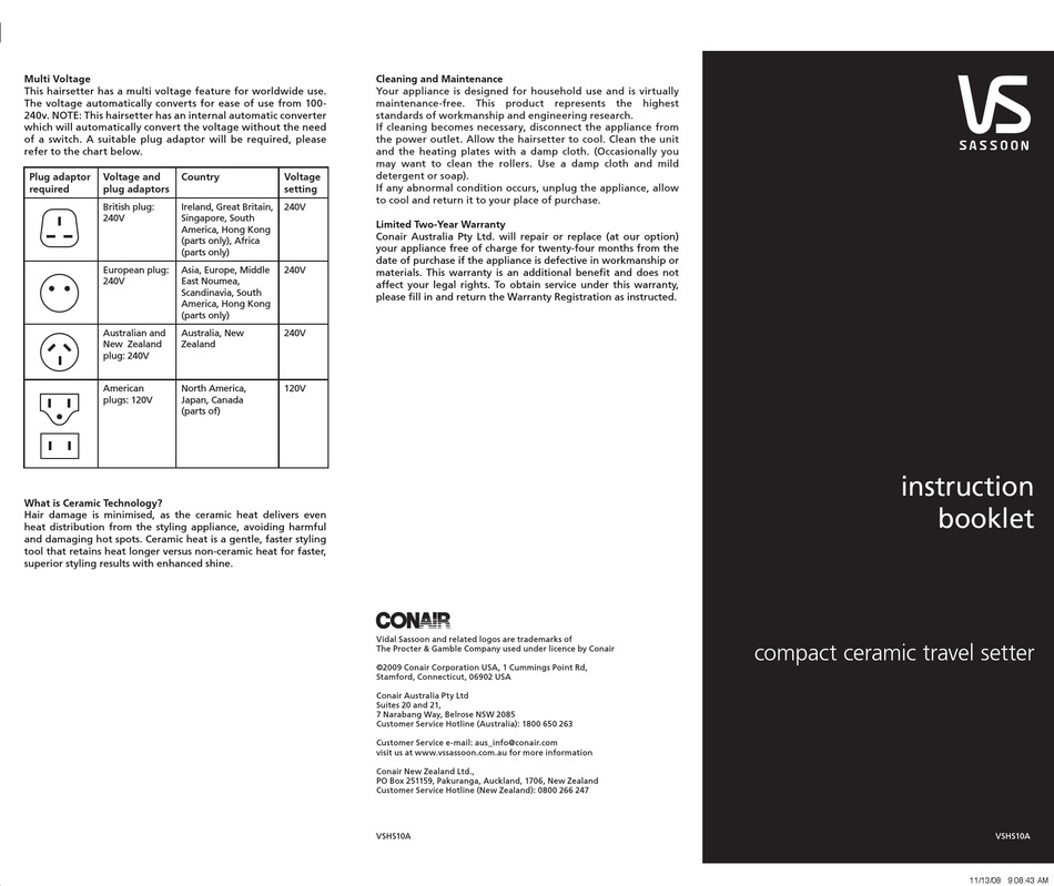 VIDAL SASSOON VSHS10A INSTRUCTION BOOKLET Pdf Download | ManualsLib