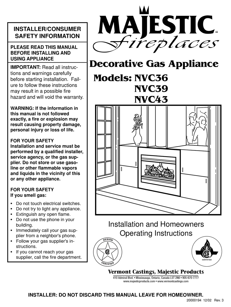 Majestic Fireplaces Nvc Installation And Homeowners Operating Instructions Pdf Download