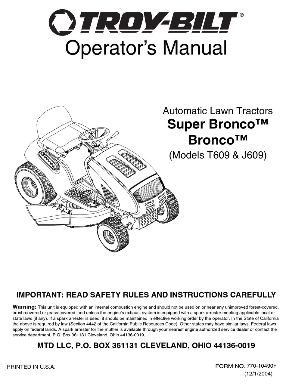 TROY-BILT SUPER BRONCO OPERATOR'S MANUAL Pdf Download | ManualsLib