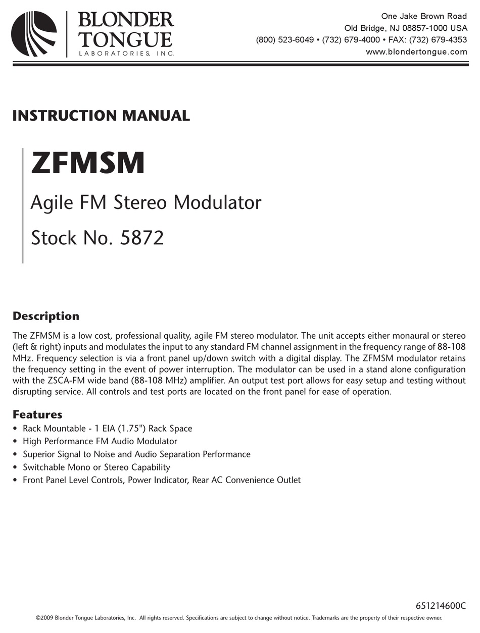 Blonder Tongue Zfmsm Instruction Manual Pdf Download Manualslib 0528