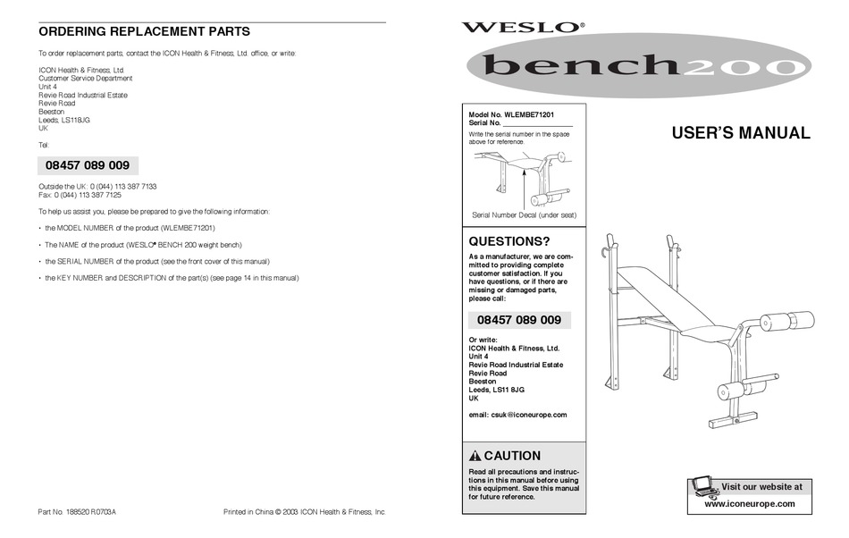 WESLO BENCH200 WLEMBE71201 USER MANUAL Pdf Download ManualsLib