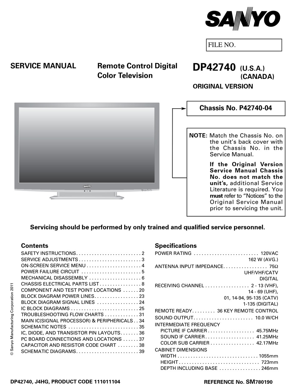 SANYO DP42740 SERVICE MANUAL Pdf Download | ManualsLib