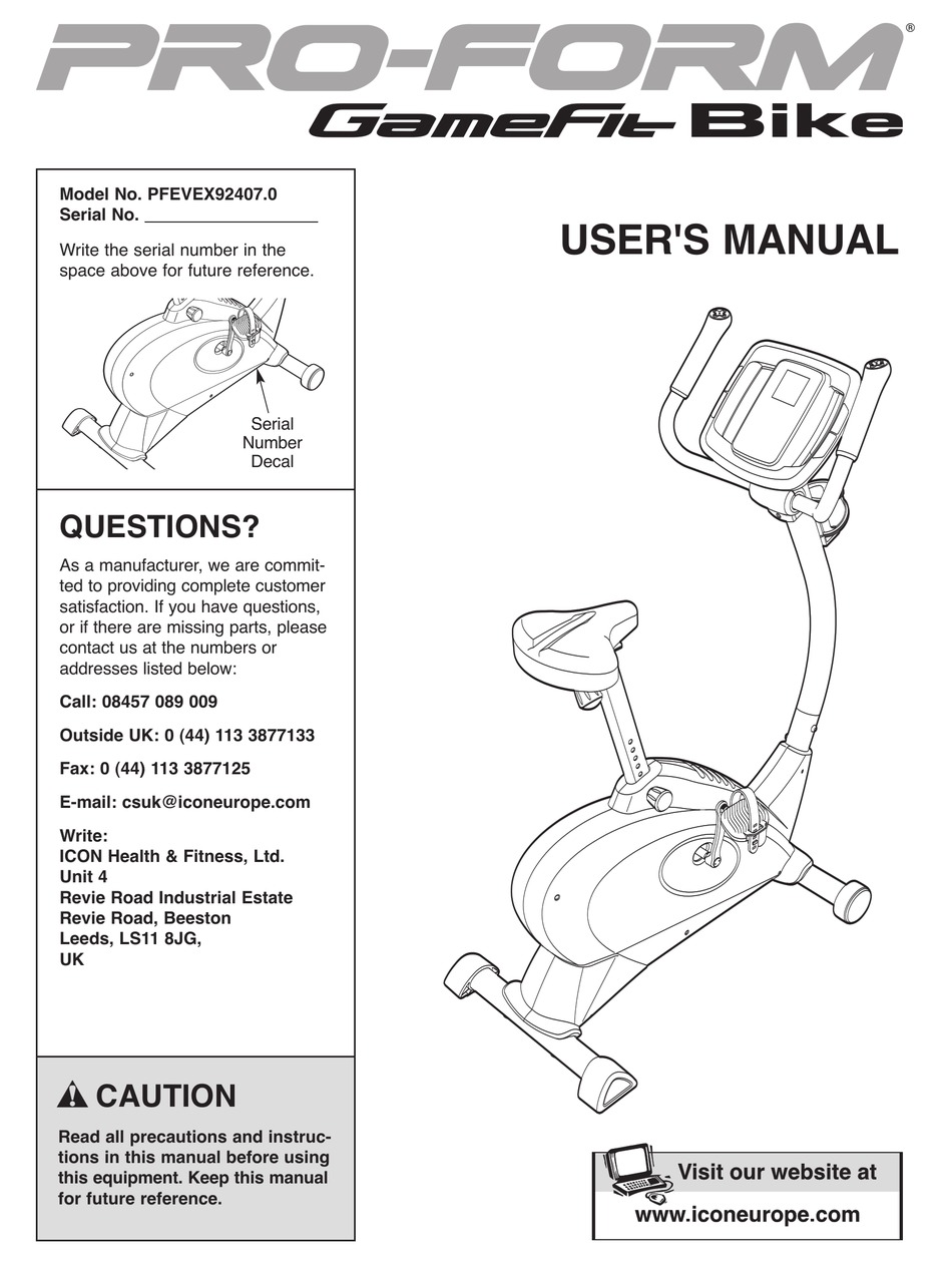 PROFORM GAMEFIT BIKE PFEVEX92407.0 USER MANUAL Pdf Download ManualsLib