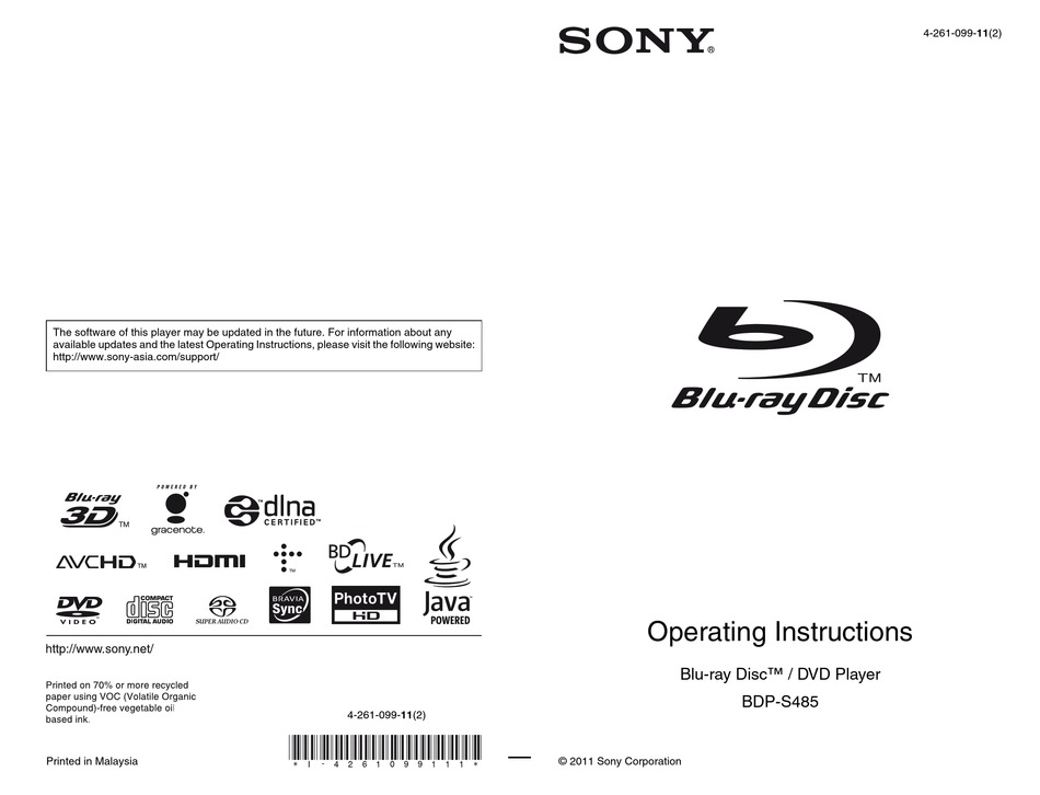 SONY BLU-RAY DISC BDP-S485 OPERATING INSTRUCTIONS MANUAL Pdf Download