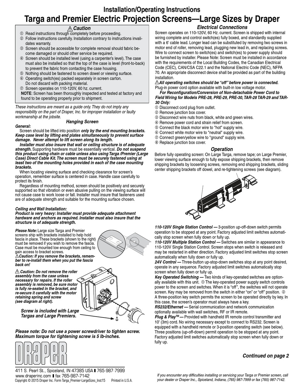 DRAPER TARGA INSTALLATION & OPERATING INSTRUCTIONS Pdf Download ...