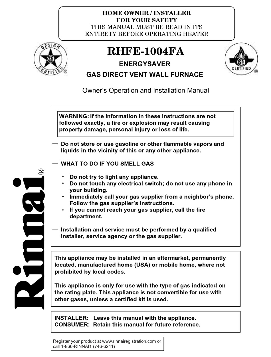 RINNAI RHFE-1004FA OWNER'S OPERATION AND INSTALLATION MANUAL Pdf Download |  ManualsLib