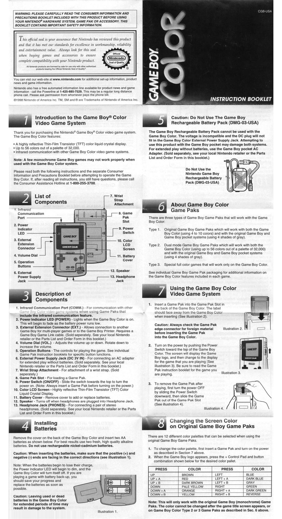 Nintendo Gameboy Color Instruction Booklet Pdf Download Manualslib