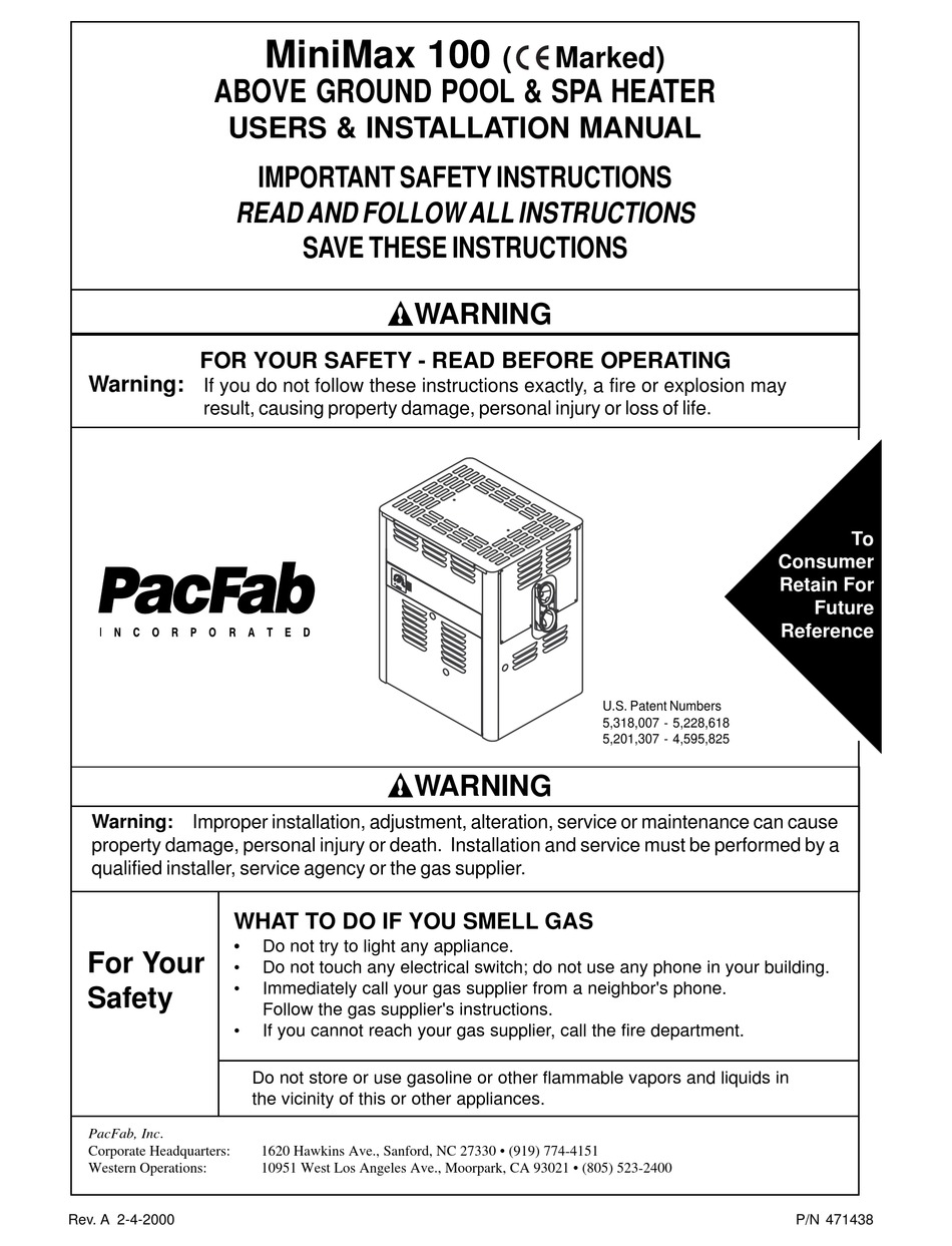PENTAIR POOL PRODUCTS PACFAB MINIMAX 100 USER & INSTALLATION MANUAL Pdf