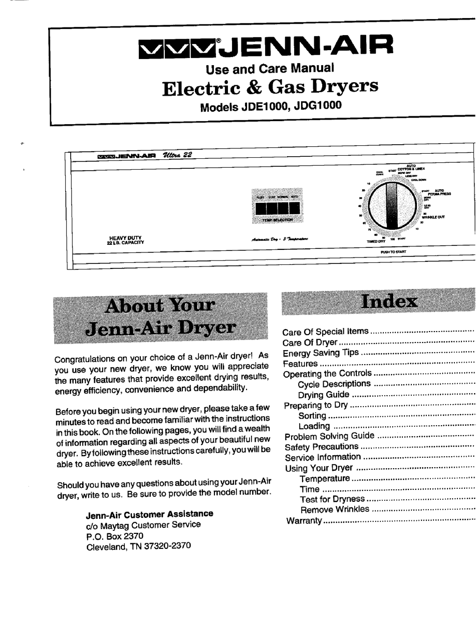 JENNAIR JDE1000 USE AND CARE MANUAL Pdf Download ManualsLib