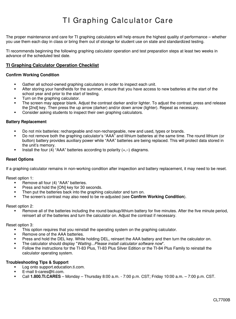 TEXAS INSTRUMENTS TI84 PLUS MAINTENANCE AND CARE Pdf Download ManualsLib