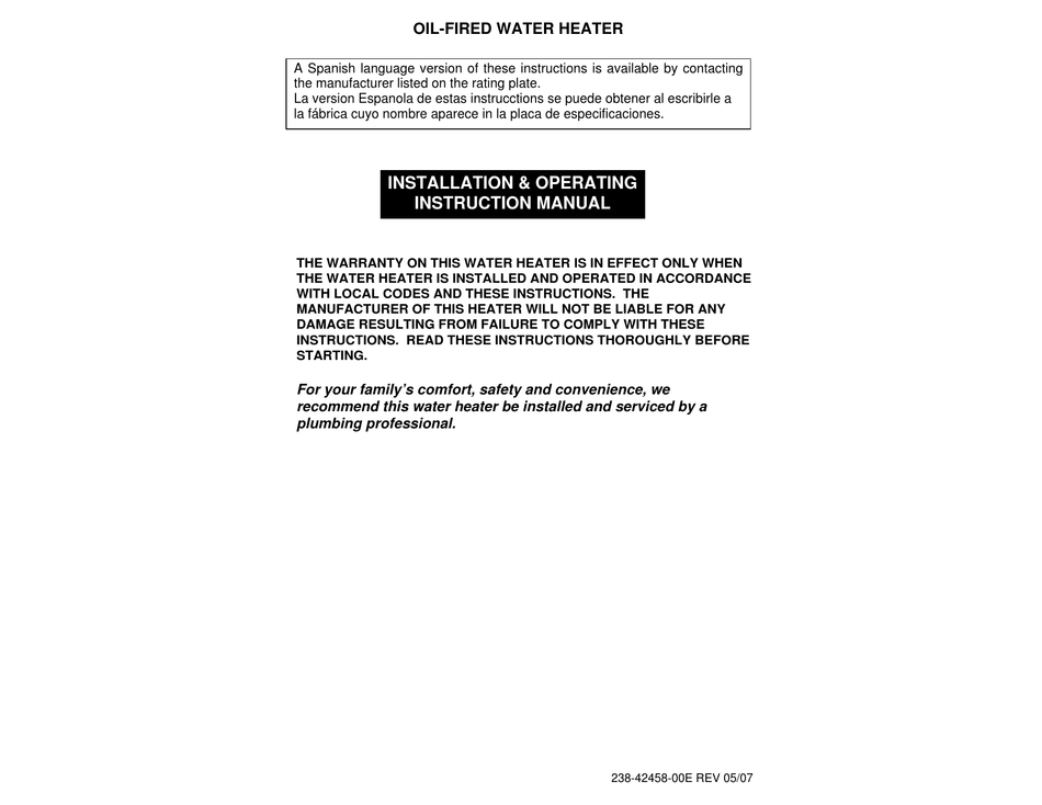 BRADFORD WHITE 30S INSTALLATION & OPERATING INSTRUCTION MANUAL Pdf