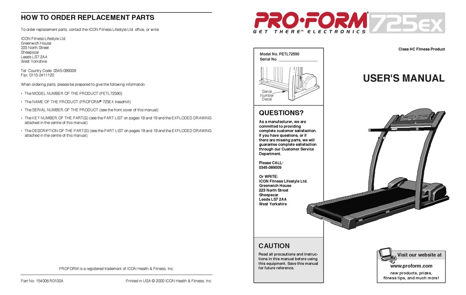 PRO FORM 725EX PETL72590 USER MANUAL Pdf Download ManualsLib