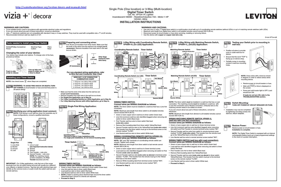 Leviton Vpt24 Installation Instructions Pdf Manualslib - In Wall Timer Switch Instructions