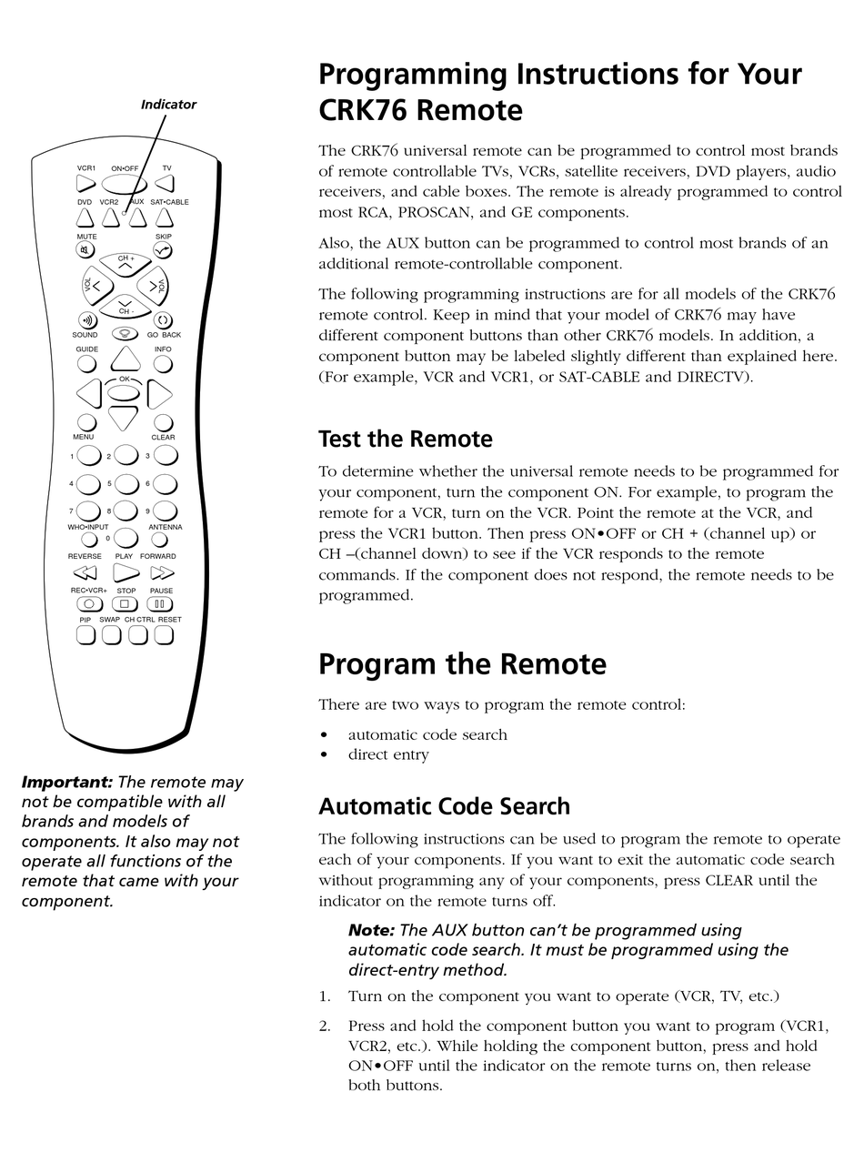 RCA CRK76 PROGRAMMING INSTRUCTIONS MANUAL Pdf Download | ManualsLib