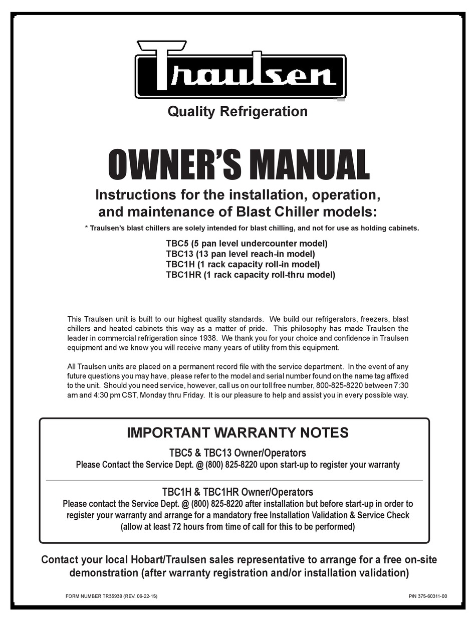 Traulsen Tbc5 Owner S Manual Pdf Download Manualslib