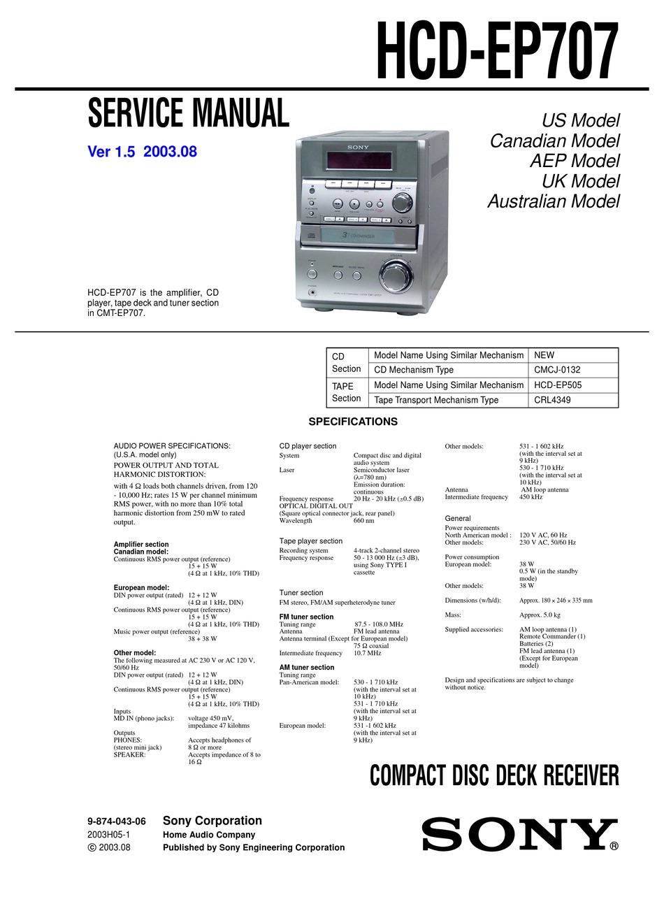 SONY HCD-EP707 SERVICE MANUAL Pdf Download | ManualsLib
