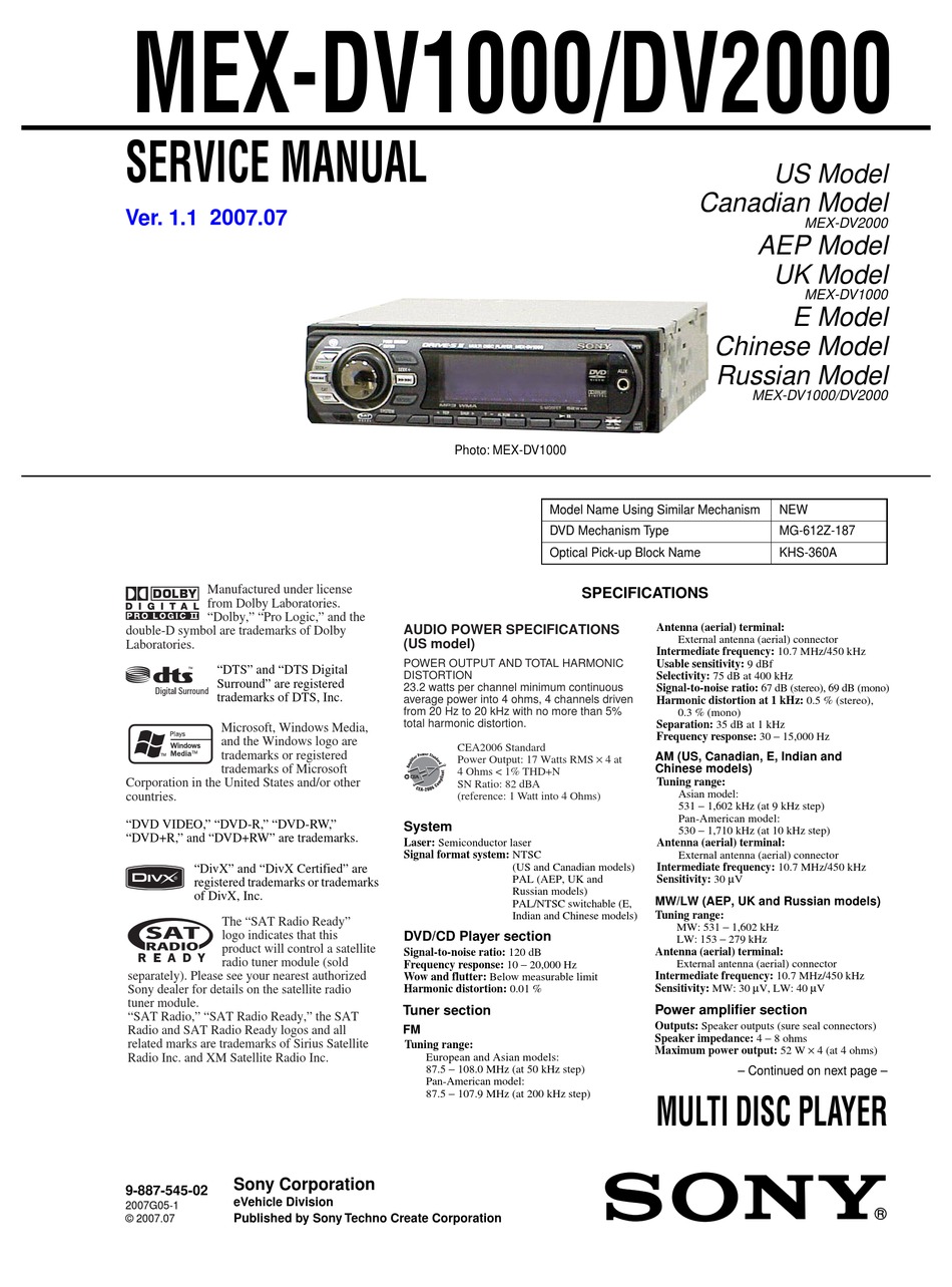 Sony Mex Dv1000 Service Manual Pdf Download Manualslib