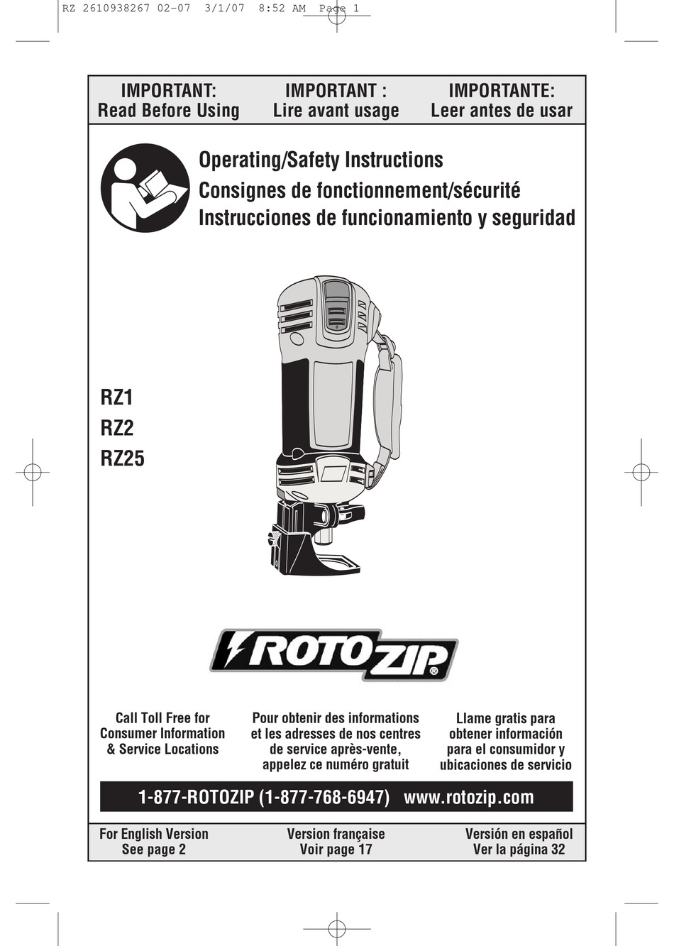 ROTO ZIP TOOL RZ1 OPERATING/SAFETY INSTRUCTIONS MANUAL Pdf Download