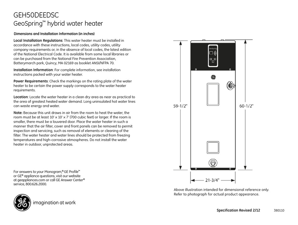 GE GEOSPRING GEH50DEEDSC DIMENSION MANUAL Pdf Download ManualsLib