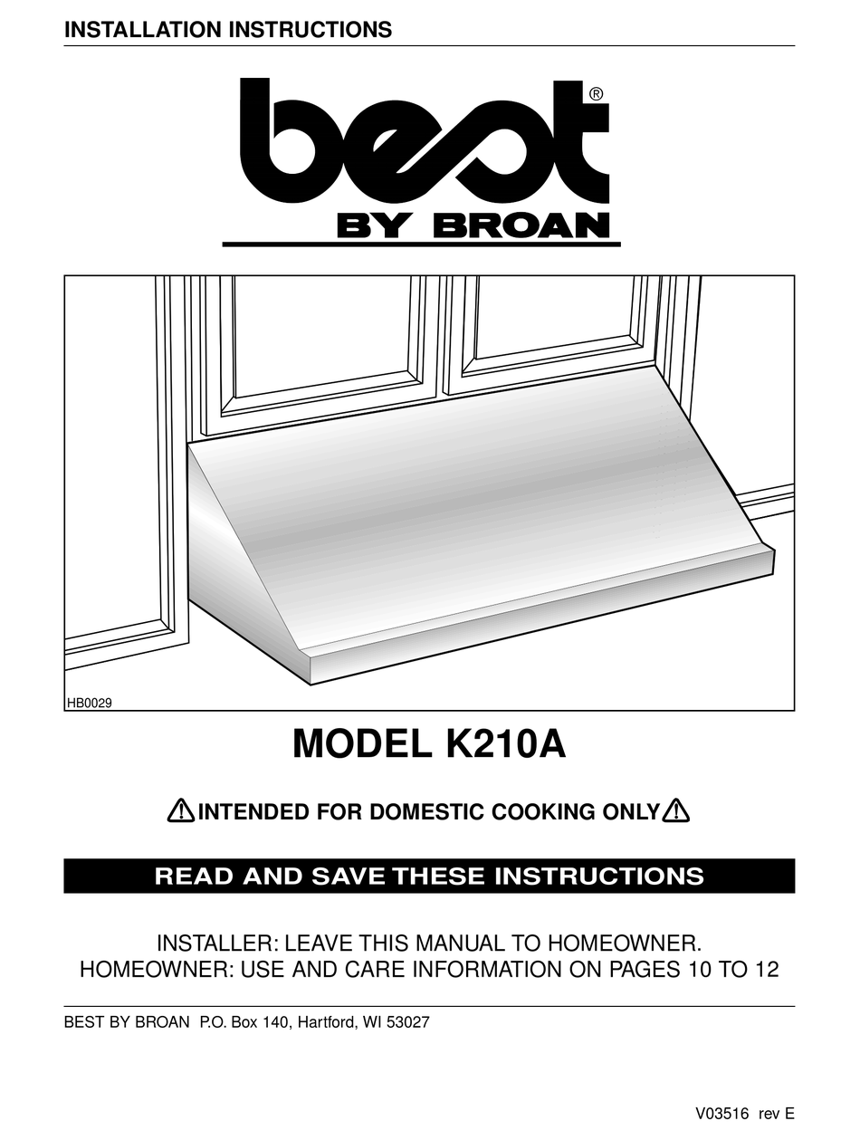BROAN BEST K210A INSTALLATION INSTRUCTIONS MANUAL Pdf Download ManualsLib