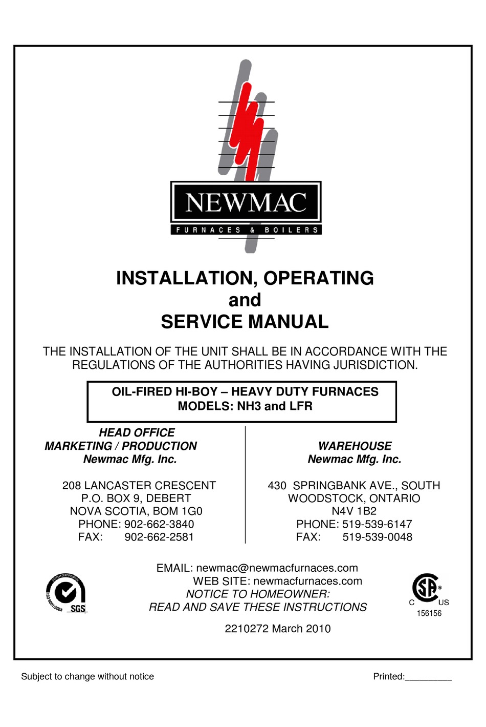 NEWMAC NH3–122 INSTALLATION, OPERATING AND SERVICE MANUAL Pdf Download |  ManualsLib