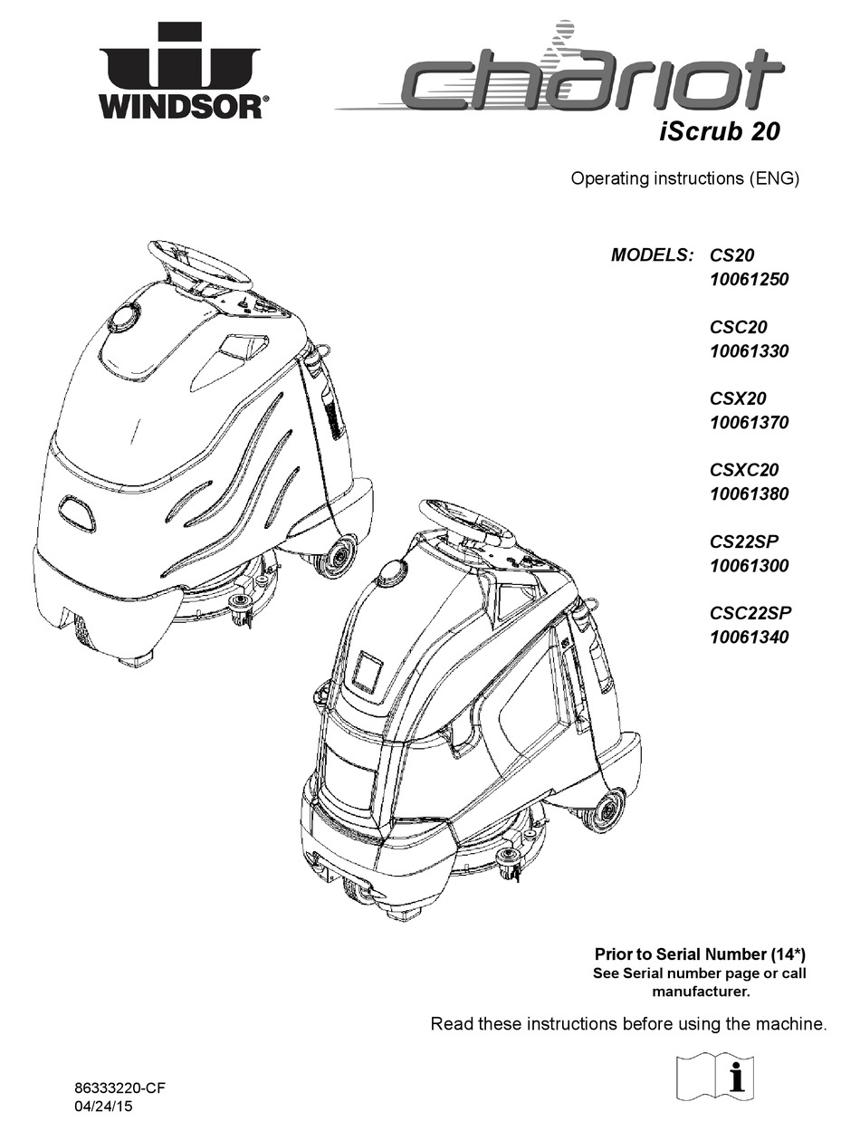 WINDSOR CHARIOT ISCRUB 20 CS20 OPERATING INSTRUCTIONS MANUAL Pdf