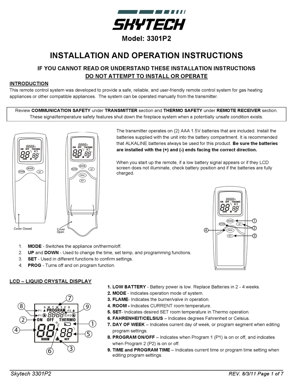 SKYTECH 3301P2 INSTALLATION AND OPERATION INSTRUCTIONS MANUAL Pdf