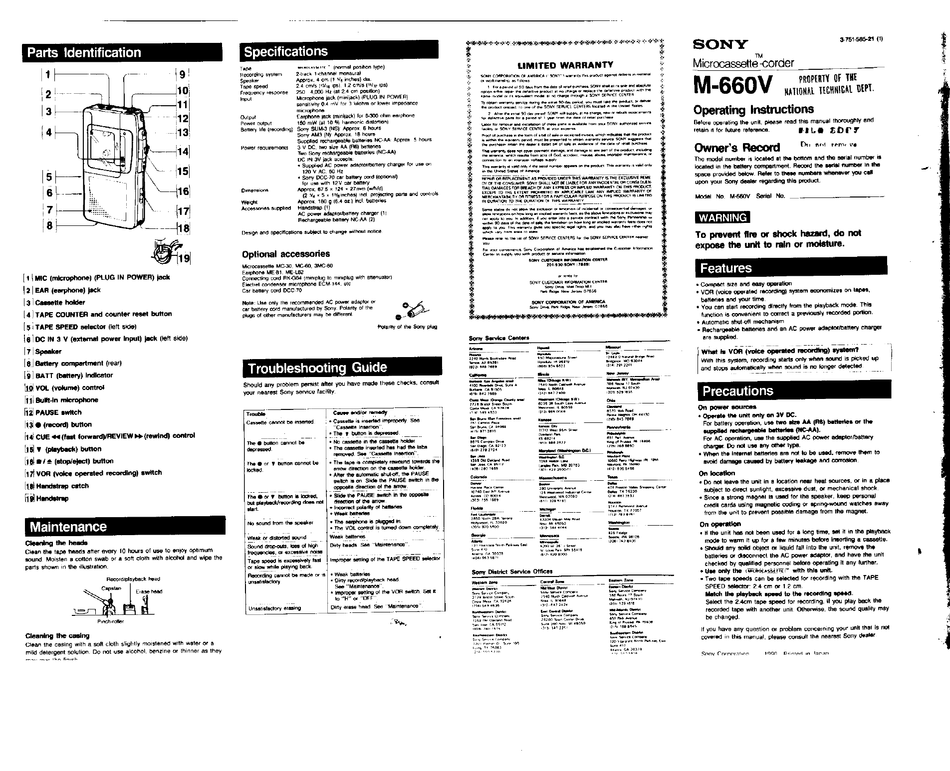 SONY MICROCASSETTECORDER M660V OPERATING INSTRUCTIONS Pdf Download