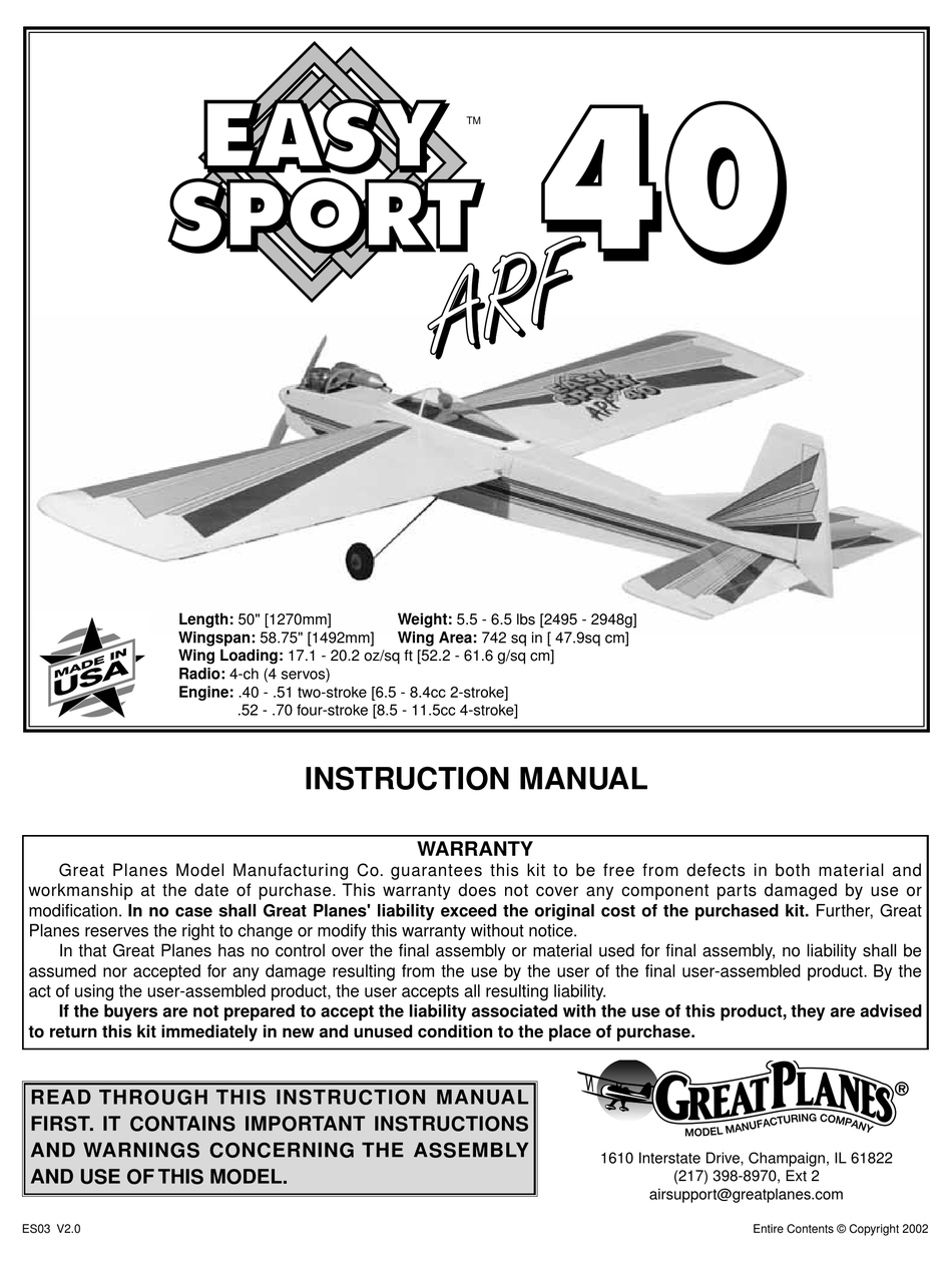 GREAT PLANES EASY SPORT 40 INSTRUCTION MANUAL Pdf Download ManualsLib