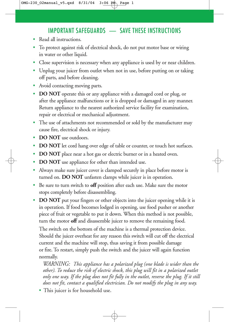 OMEGA JUICERS O2 INSTRUCTIONS MANUAL Pdf Download ManualsLib