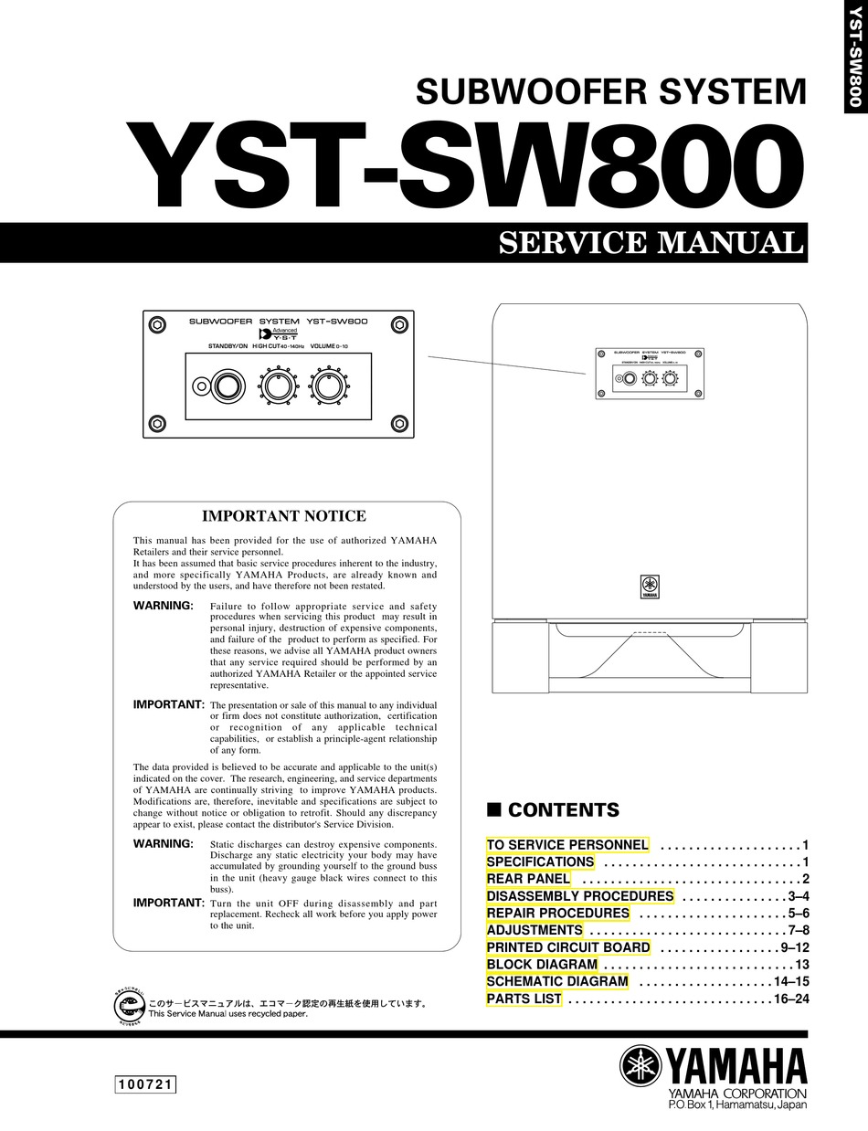 YAMAHA YST-SW800 SERVICE MANUAL Pdf Download | ManualsLib