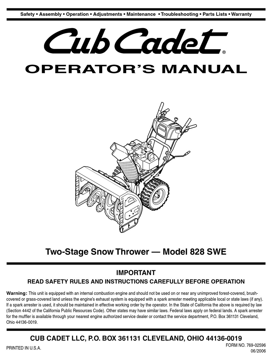 CUB CADET 828 SWE OPERATOR'S MANUAL Pdf Download | ManualsLib