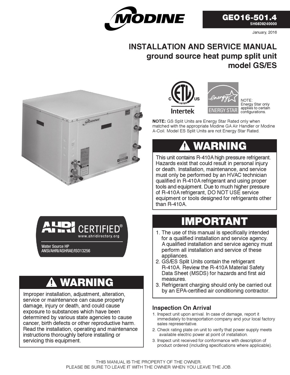 MODINE MANUFACTURING GEO16-501.4 INSTALLATION AND SERVICE MANUAL Pdf ...