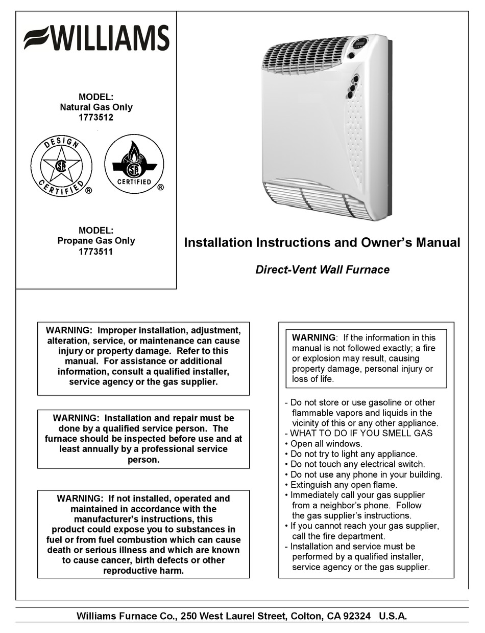 WILLIAMS 1773512 INSTALLATION INSTRUCTIONS AND OWNER'S MANUAL Pdf