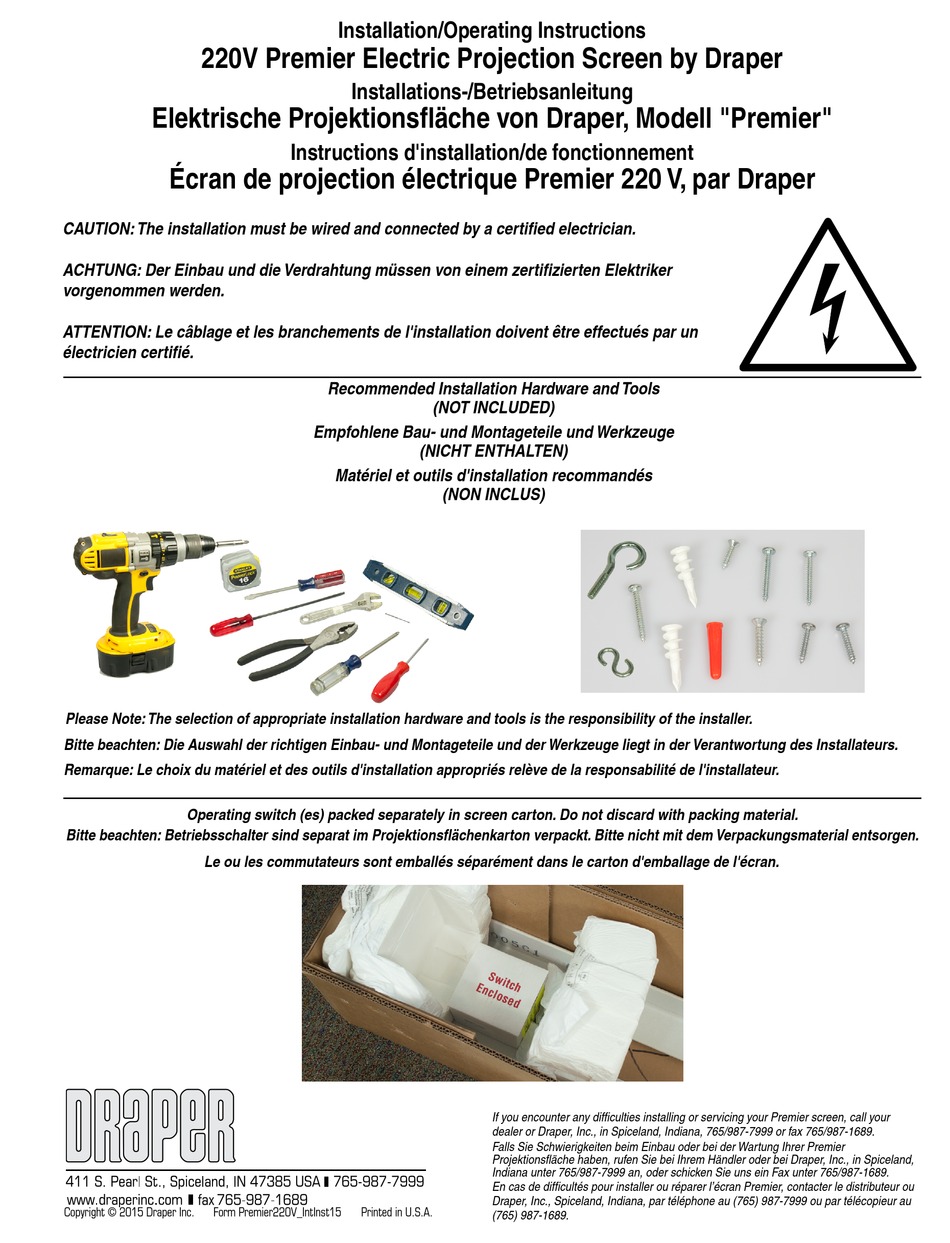 DRAPER PREMIER INSTALLATION & OPERATING INSTRUCTIONS MANUAL Pdf