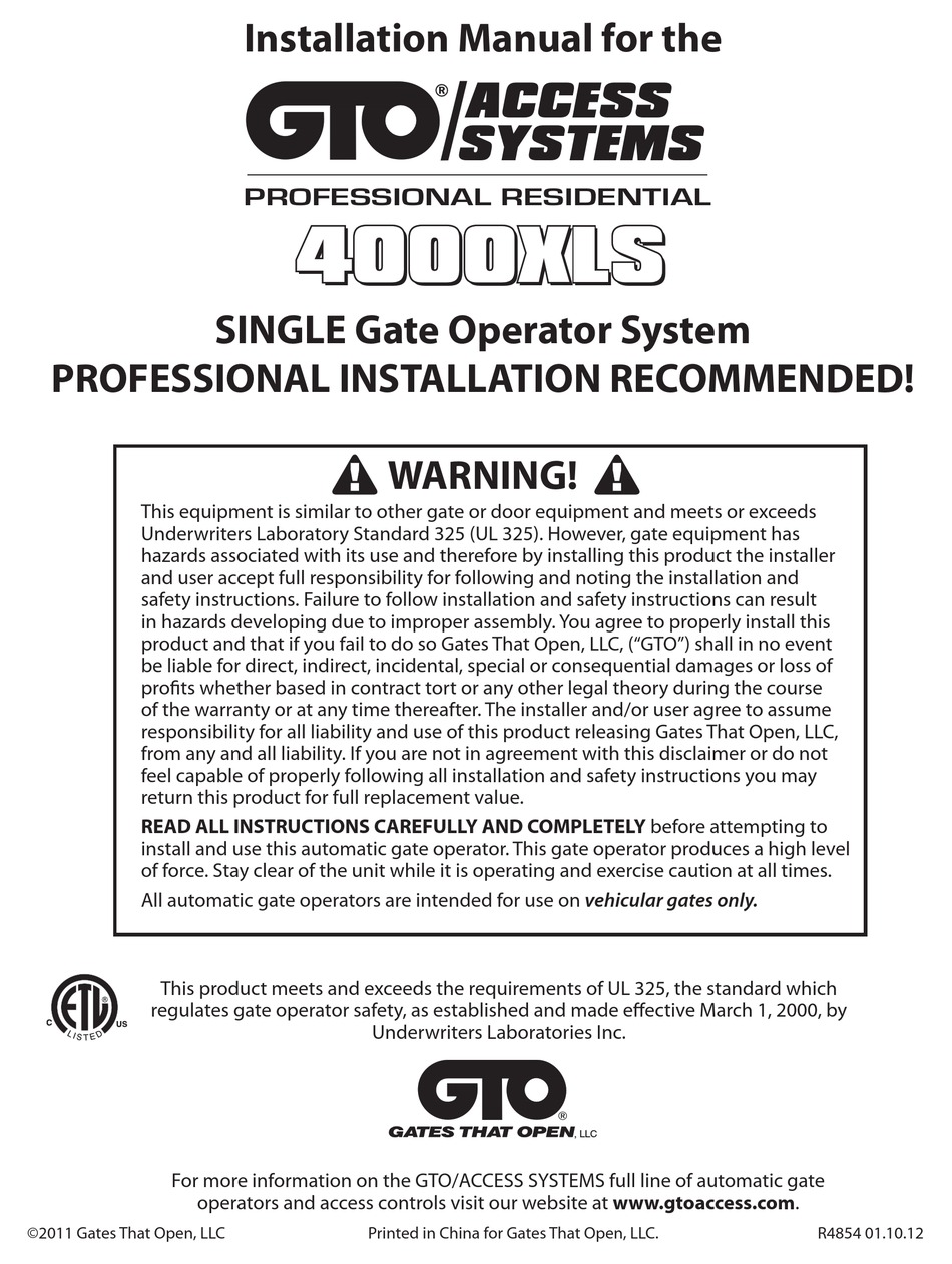 GTO ACCESS SYSTEMS 4000XLS INSTALLATION MANUAL Pdf Download ManualsLib