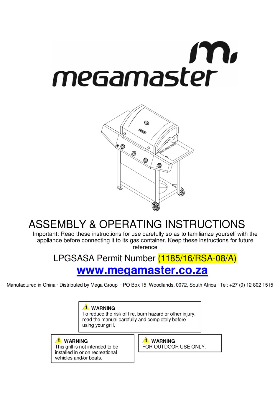 MEGAMASTER BLAZE300 ASSEMBLY & OPERATING INSTRUCTIONS Pdf Download
