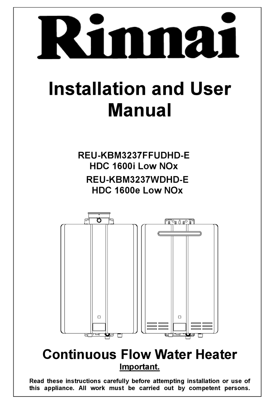 Temperature Controls Rinnai HDC 1600i Low NOX Installation And User