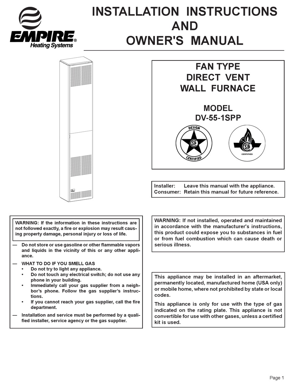 EMPIRE DV-55-1SPP INSTALLATION INSTRUCTIONS AND OWNER'S MANUAL Pdf Download  | ManualsLib