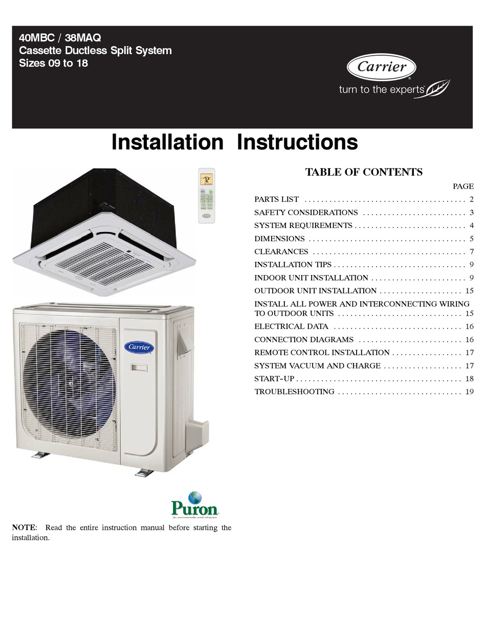 CARRIER 40MBC/38MAQ INSTALLATION INSTRUCTIONS MANUAL Pdf Download