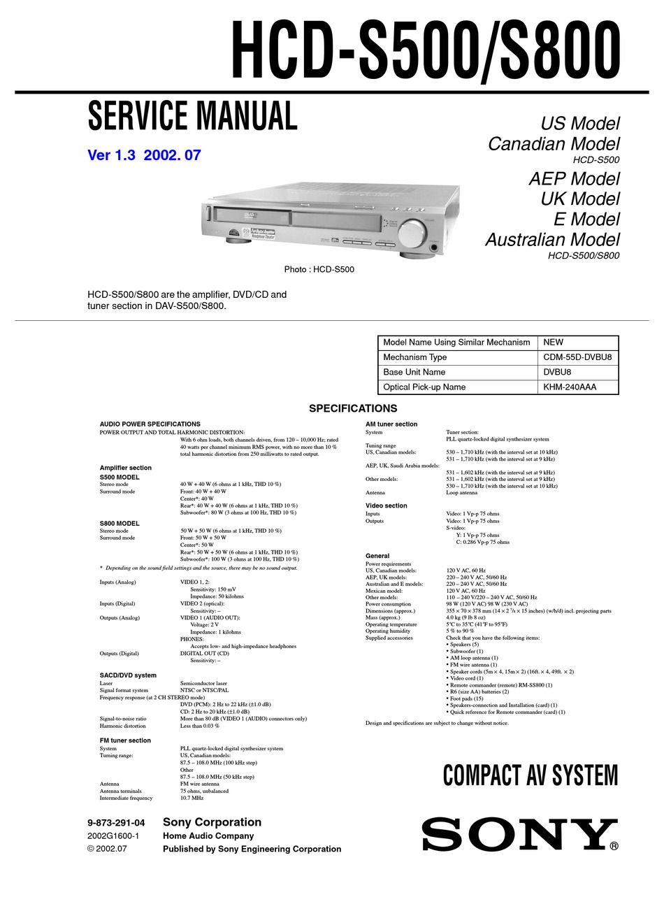 SONY HCD-S800 SERVICE MANUAL Pdf Download | ManualsLib