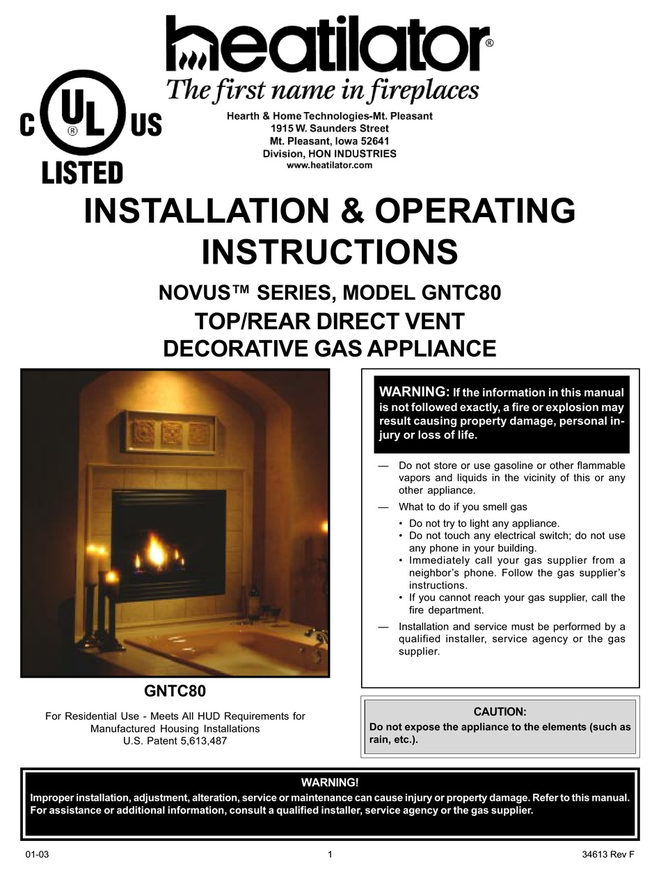 HEATILATOR NOVUS GNTC80 INSTALLATION & OPERATING INSTRUCTIONS MANUAL