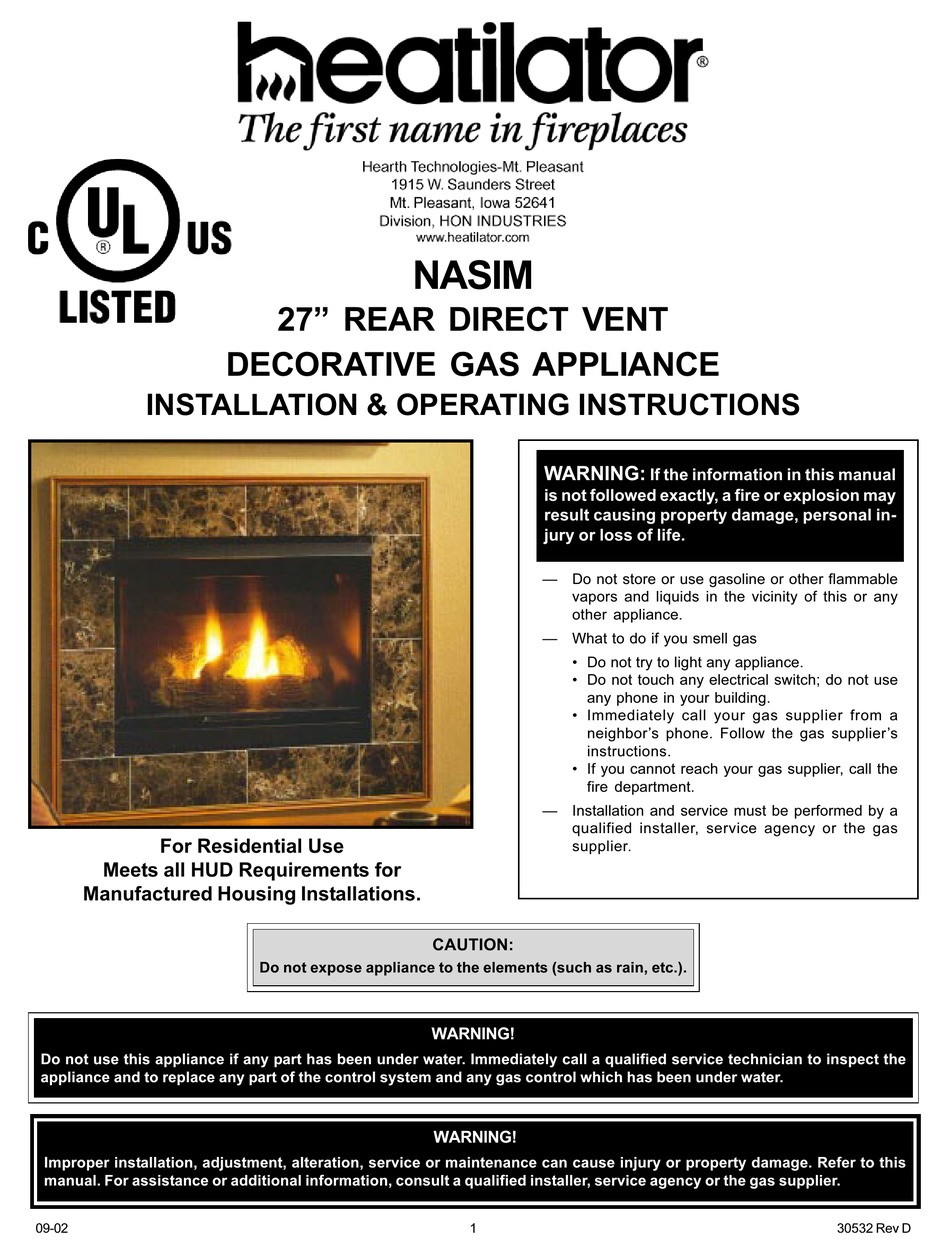 HEATILATOR NASIM INSTALLATION & OPERATING INSTRUCTIONS MANUAL Pdf