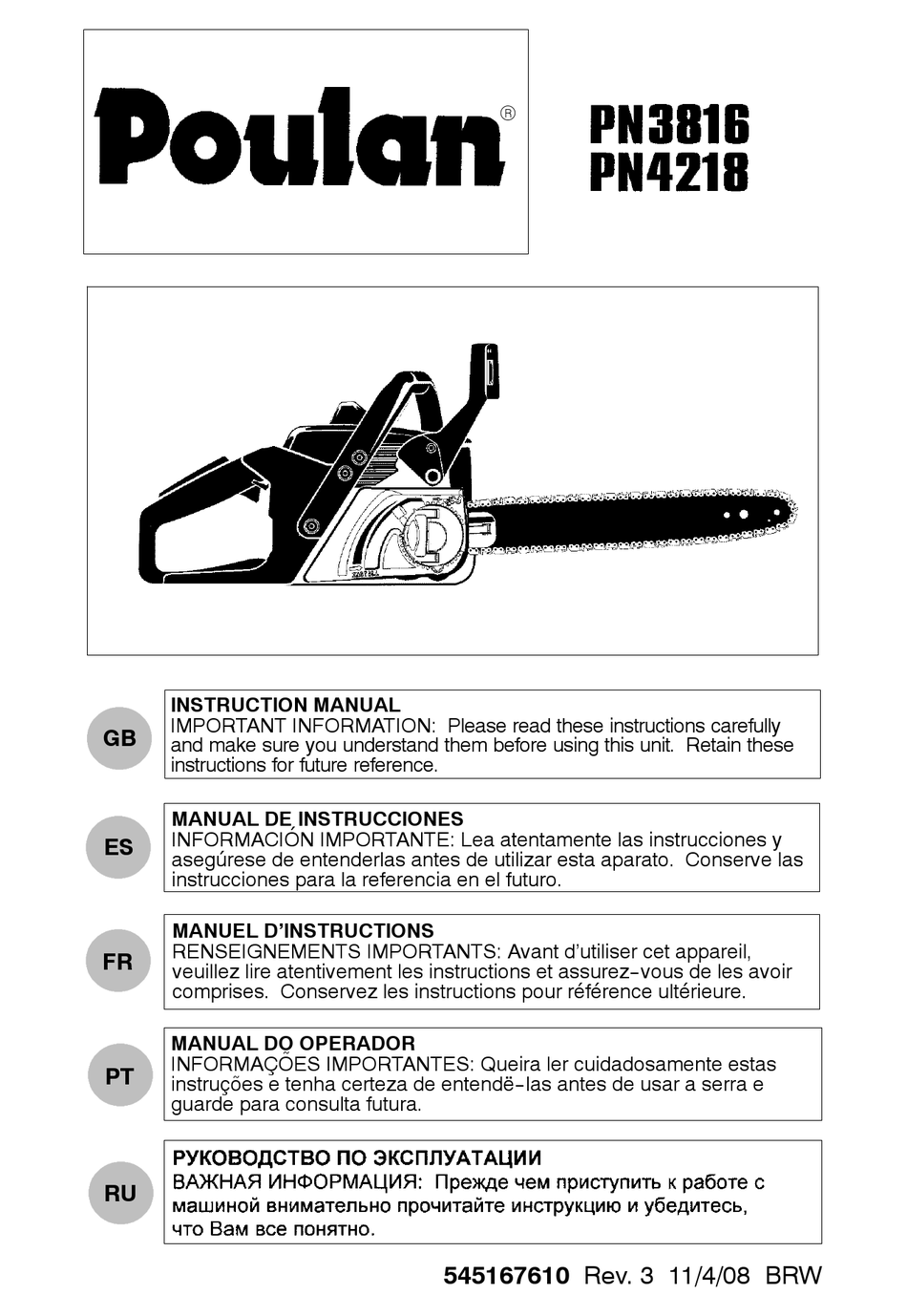 POULAN PRO PN3816 INSTRUCTION MANUAL Pdf Download ManualsLib