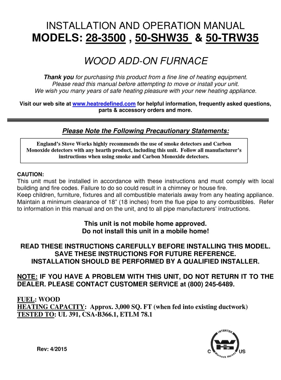 ENGLAND’S STOVE 283500 INSTALLATION AND OPERATION MANUAL Pdf Download