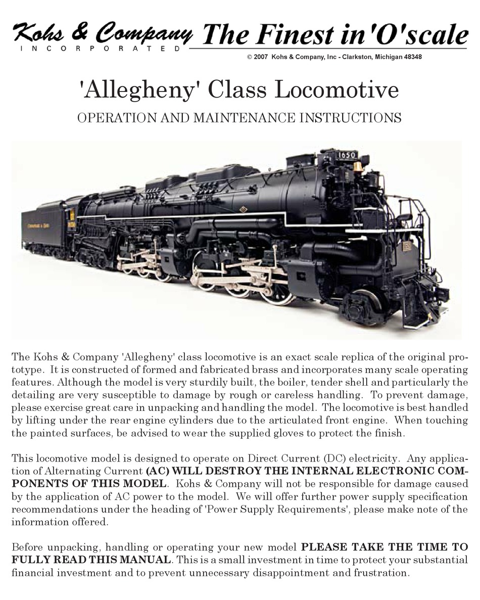 KOHS & COMPANY ALLEGHENY OPERATION AND MAINTENANCE INSTRUCTIONS Pdf